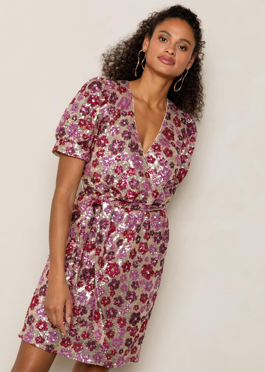 Freebird Jurk Dieke Ss F-Jer-Sequin-Flower-25-2 Roze Steegenga