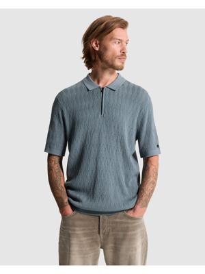 Cast Iron, polo met rits en structuur, blauw