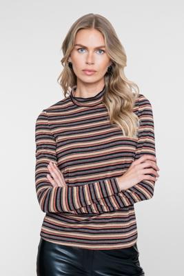 Geisha, t-shirt mockneck streep met lurex, zand/bruin