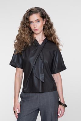 Geisha, top/blouse korte mouw met sjaal, donkerbruin