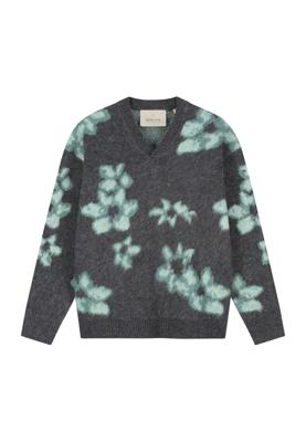 Dstrezzed, trui met bloemprint en v-hals, grijs/groen