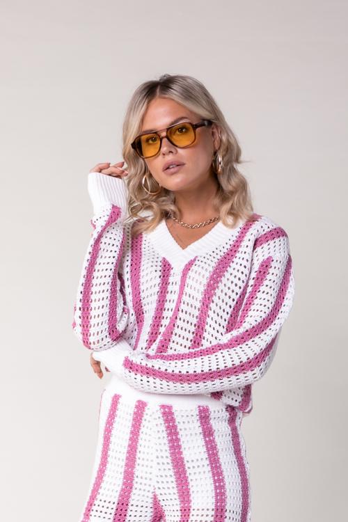 Colourful Rebel Lizza Crochet Stripe V-Neck Sweater - M