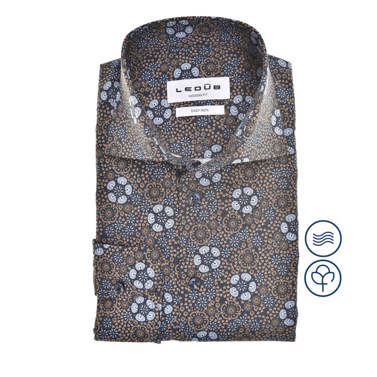 Ledûb overhemd modern fit print bruin