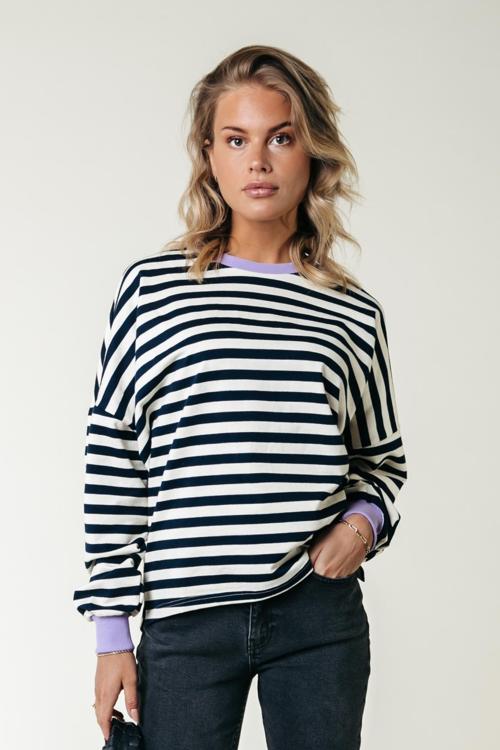 Colourful Rebel - Stripe Contrast Dropped Shoulder Sweat - Maat XS - Navy