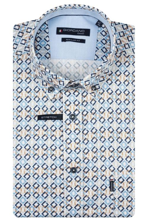 Giordano Overhemd Regular Fit Blauw Beige Dessin Stretch 617024
