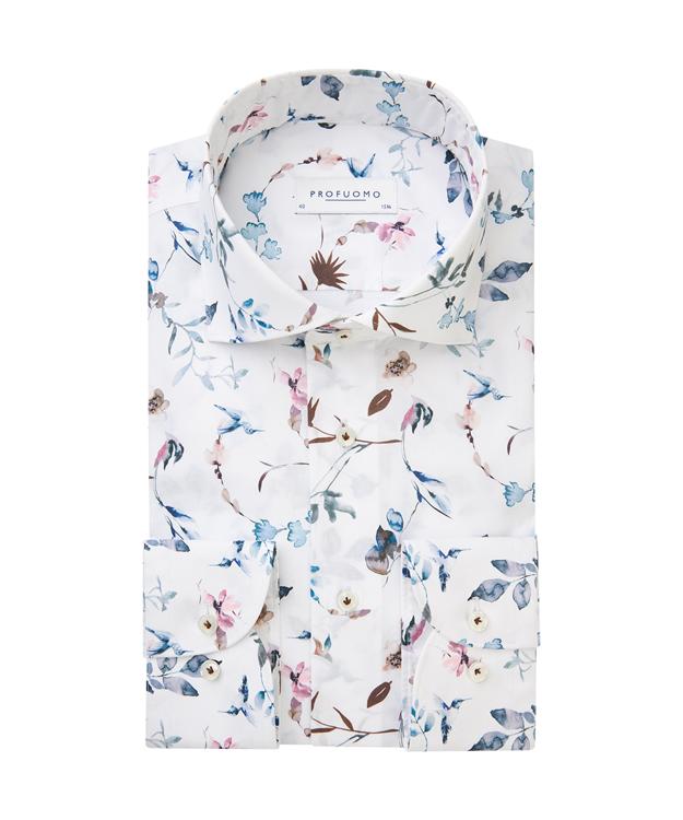 Profuomo slim fit heren overhemd - popeline - wit met blauw en roze dessin - Strijkvriendelijk - Boordmaat: 39