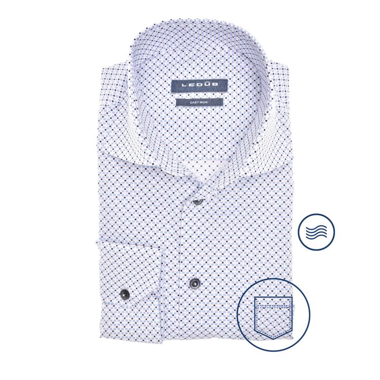 Ledub modern fit overhemd - popeline - wit met blauw en groen dessin - Strijkvriendelijk - Boordmaat: 40